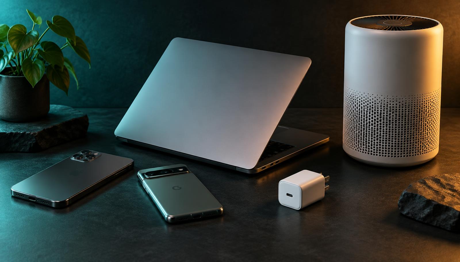 Laptops, phones, a charger and a smart air purifier on a dark surface